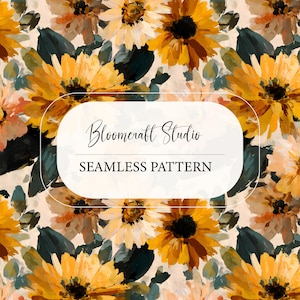 May include: A seamless pattern featuring watercolor sunflowers in shades of yellow, orange, and white, with dark green leaves. The design includes the text "Bloomcraft Studio" and "Seamless Pattern" in a white rounded rectangle.