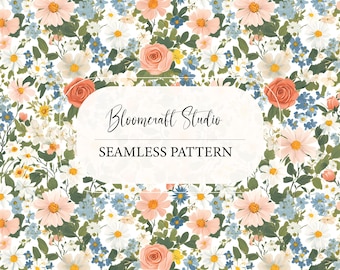 Vintage Floral Seamless Pattern, Soft Pastel Flowers Repeat Design, Cottage Garden Botanical Background for Fabric, Wallpaper, Digital Paper