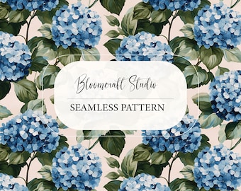 Seamless Blue Hydrangea Pattern | Vintage Floral Digital Paper | Botanical Repeating Design for Fabric, POD & Wallpaper