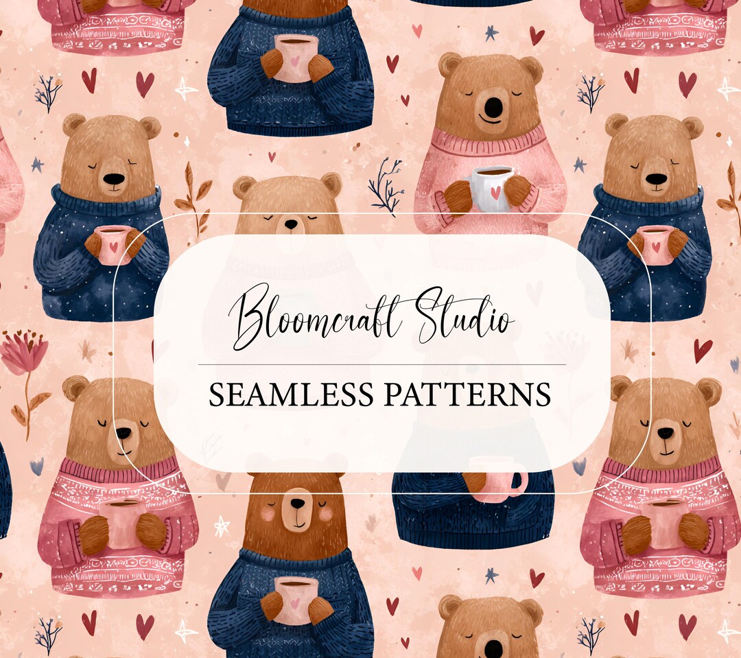 Cute Teddy Bear Seamless Pattern, Cozy Winter Bear Digital Paper ...