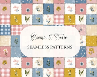 Vintage Floral Patchwork Seamless Patterns Bundle Quilted Cottage Style Fabric Squares Rustic Shabby Chic Background Digital Paper Set
