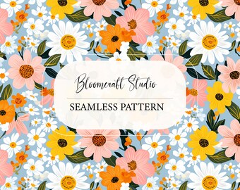 Seamless Floral Pattern with Daisies, Wildflowers & Leaves, Colorful Botanical Digital Paper for Fabric  Wallpaper