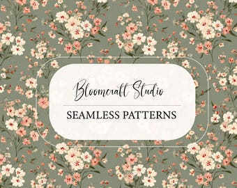 Delicate Vintage Floral Seamless Pattern with Soft Pink Blossoms on Sage Green Background, Elegant Botanical Design for Fabric Decor
