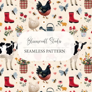 May include: A seamless pattern featuring farm animals, flowers, and garden elements. The design includes cows, chickens, butterflies, red boots, and flower pots on a cream background. The text "Bloomcraft Studio" and "Seamless Pattern" are also visible.