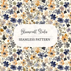 May include: Watercolor floral seamless pattern with navy, orange, and gray flowers on a cream background. The text "Bloomcraft Studio" and "Seamless Pattern" are displayed on a white rounded rectangle.