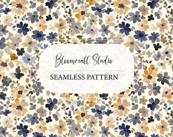 Soft Autumn Floral Seamless Pattern with Blue, Beige and Mustard Flowers, Hand Painted Botanical Repeat on Cream Background