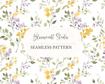 Watercolor Wildflower Seamless Pattern, Soft Botanical Floral Digital Paper, Yellow Purple Meadow Flowers Background