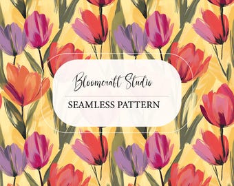 Colorful Tulip Seamless Pattern, Hand Painted Floral Digital Paper, Spring Flowers Background for Fabric, Wallpaper, Surface Design