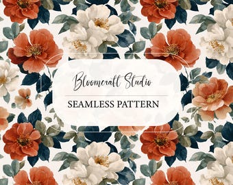 Watercolor Vintage Floral Seamless Pattern, Peach Cream Flowers, Elegant Botanical Digital Paper, Cottagecore Fabric Wallpaper Print