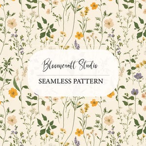 May include: A seamless floral pattern featuring a cream background with scattered wildflowers in shades of yellow, purple, and beige. Green leaves and stems are interspersed throughout. The text "Bloomcraft Studio" and "Seamless Pattern" are displayed on a white oval.