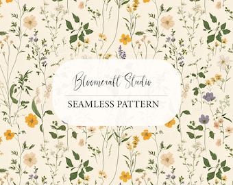 Elegant Wild Meadow Seamless Pattern with Yellow Flowers and Herbs, Botanical Floral Illustration on Cream Background