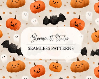 Cute Halloween Seamless Pattern with Watercolor Pumpkins, Bats and Ghosts on Neutral Background for Fabric and Wallpaper