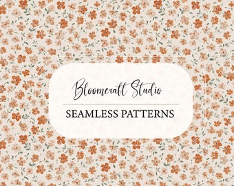Small Floral Seamless Pattern, Wildflower Digital Paper, Rustic Cottagecore Botanical Print, Orange Flower Fabric Design, JPG