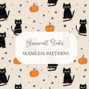 May include: A seamless pattern featuring black cats, orange pumpkins, and black stars on a beige background. The text "Bloomcraft Studio" and "SEAMLESS PATTERNS" are displayed in a white rectangle. This design is perfect for Halloween-themed projects.
