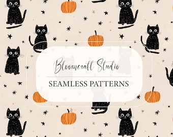 Cute Black Cat and Pumpkin Halloween Seamless Pattern with Stars, Spooky Kawaii Autumn Design for Fabric, Wrapping Paper, Kids Decor