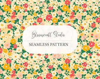 Seamless Floral Wildflower Pattern, Vintage Daisy Meadow, Pink Yellow Botanical Flowers, Cottagecore Fabric, Wallpaper, Digital Paper