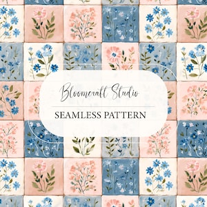May include: Seamless pattern featuring a grid of squares with floral designs in pink, blue, and white. The text "Bloomcraft Studio" and "SEAMLESS PATTERN" are displayed on a white oval.