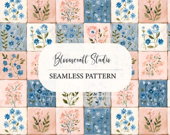 Floral Tile Seamless Pattern, Hand Painted Blue Pink Flower, Vintage Ceramic Style Repeat, Cottagecore Digital Paper, Surface Pattern Design