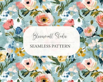 Seamless Hand Painted Floral Pattern in Soft Blue, Modern Artistic Flower Digital Paper for Fabric, Wallpaper, Scrapbooking, Surface Design
