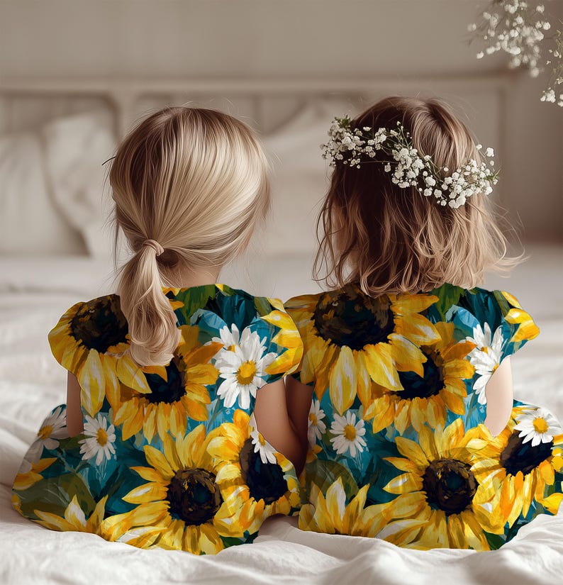 May include: Two young children wearing matching dresses with a sunflower and daisy pattern. The dresses feature yellow sunflowers, white daisies, and teal green leaves. One child has a ponytail, and the other wears a flower crown.