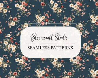 Elegant Vintage Floral Seamless Pattern Dark Blue Background Soft Botanical Bouquet Print Cottagecore Fabric Digital Paper Design