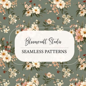 May include: Seamless pattern featuring watercolor floral arrangements in shades of white, pink, and red against a muted green background. The design includes the text "Bloomcraft Studio" and "SEAMLESS PATTERNS" in a white rounded rectangle.