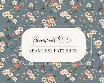 Elegant Vintage Floral Seamless Pattern Dark Blue Background Soft Botanical Bouquet Print Cottagecore Fabric Digital Paper Design