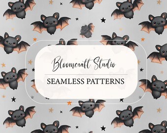 Cute Halloween Seamless Pattern with Watercolor Pumpkins, Bats and Ghosts on Neutral Background for Fabric and Wallpaper