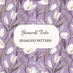 May include: A seamless pattern featuring white tulip flowers and muted green leaves on a lavender background. The design includes the text "Bloomcraft Studio" and "Seamless Pattern" in a white oval.