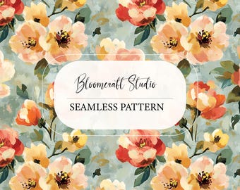 Elegant Hand Painted Floral Seamless Pattern with Peach, Coral and Yellow Flowers on Soft Blue Background, Botanical Repeat Design