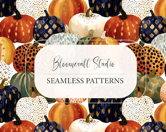 Whimsical Patterned Pumpkins Seamless Pattern, Fall Harvest Halloween Fabric, Colorful Autumn Gourds Digital Paper