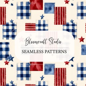 May include: Seamless pattern design featuring red, white, and blue squares with plaid, striped, and star patterns. The design includes the text "Bloomcraft Studio" and "Seamless Patterns".
