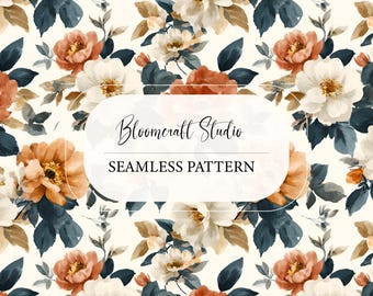 Watercolor Vintage Floral Seamless Pattern, Peach Ivory Flowers, Elegant Botanical Digital Paper, Cottagecore Fabric Wallpaper Design