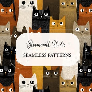 May include: A repeating pattern of stylized cats in various colors, including black, white, brown, and orange. The cats have large eyes and are arranged closely together. The image includes the text "Bloomcraft Studio" and "Seamless Patterns".