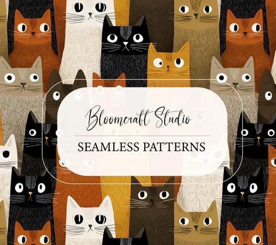 Cute Cat Seamless Pattern, Whimsical Cat Illustration Print, Modern Pet Lover Design, Cat Fabric, Nursery Wallpaper, Cute Cat Art