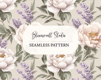 Neutral Peony Watercolor Seamless Pattern, Beige Botanical Floral Repeat, Romantic Vintage Flower Wallpaper, Cottagecore Fabric