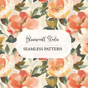 May include: A seamless floral pattern with large, watercolour-style flowers in peach, coral, and yellow, with green leaves on a cream background. The text "Bloomcraft Studio" and "Seamless Pattern" are displayed in a white oval.