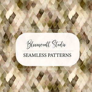 May include: A seamless pattern design featuring a reptile scale pattern in shades of beige, brown, and olive green. The design has a watercolor effect. The text "Bloomcraft Studio" and "SEAMLESS PATTERNS" are displayed on a white oval.