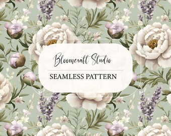 Sage Green Peony Watercolor Seamless Pattern, Vintage Botanical Floral Repeat, Romantic Cottagecore Wallpaper Fabric Design