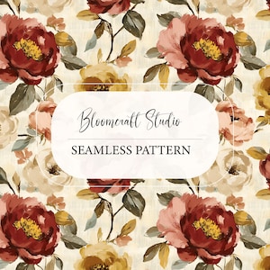 May include: A seamless floral pattern with large, watercolour-style flowers in burgundy, peach, and yellow, with green and tan leaves. The text "Bloomcraft Studio" and "Seamless Pattern" are displayed on a white oval.