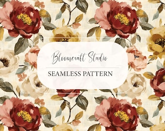 Seamless Vintage Floral Pattern Burgundy Gold | Painted Botanical Digital Paper | Repeating Flower Design for Fabric & POD