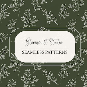 May include: Dark green seamless pattern with white floral branches. The image features the text "Bloomcraft Studio" and "Seamless Patterns" in a white rounded rectangle.