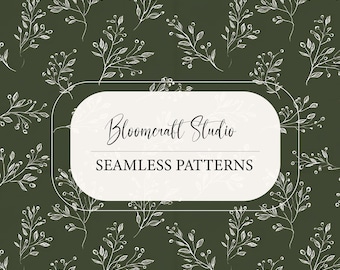 Minimalist Botanical Seamless Pattern White Line Leaves on Green Background Elegant Nature Digital Paper Fabric Print Wallpaper Design