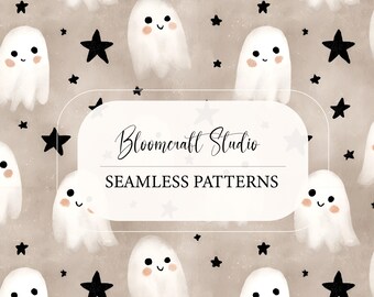 Cute Ghost Seamless Pattern, Kawaii Halloween Spirits with Stars, Neutral Beige Spooky Print for Kids Fabric, Nursery Decor, Wrapping Paper