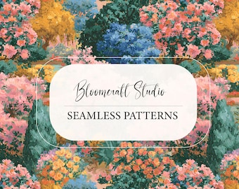 Impressionist Garden Floral Seamless Pattern, Colorful Botanical Landscape Design, Painterly Flower Pattern for Fabric, Wallpaper
