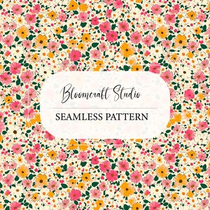 May include: A seamless floral pattern with a dense arrangement of pink, yellow, and white flowers and green leaves on a cream background. The text "Bloomcraft Studio" and "Seamless Pattern" are displayed on a white oval.