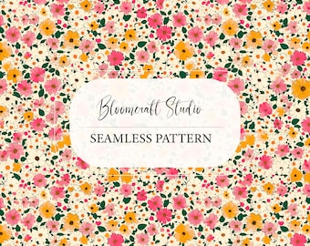 Seamless Floral Daisy Pattern, Pink Yellow Wildflower Meadow, Cottagecore Botanical Summer Flowers, Digital Paper, Fabric, Wallpaper