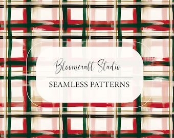 Abstract Christmas Plaid Seamless Pattern, Hand Painted Holiday Tartan, Red Green Brushstroke Check, Modern Festive Digital Paper
