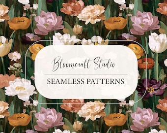 Vintage Floral Seamless Pattern, Painterly Wildflower Digital Paper, Moody Botanical Garden Print, Cottagecore Fabric Design JPG