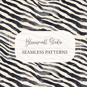 May include: Seamless pattern design featuring a zebra stripe pattern in black and off-white. The design includes the text "Bloomcraft Studio" and "Seamless Patterns" in a white rounded rectangle.